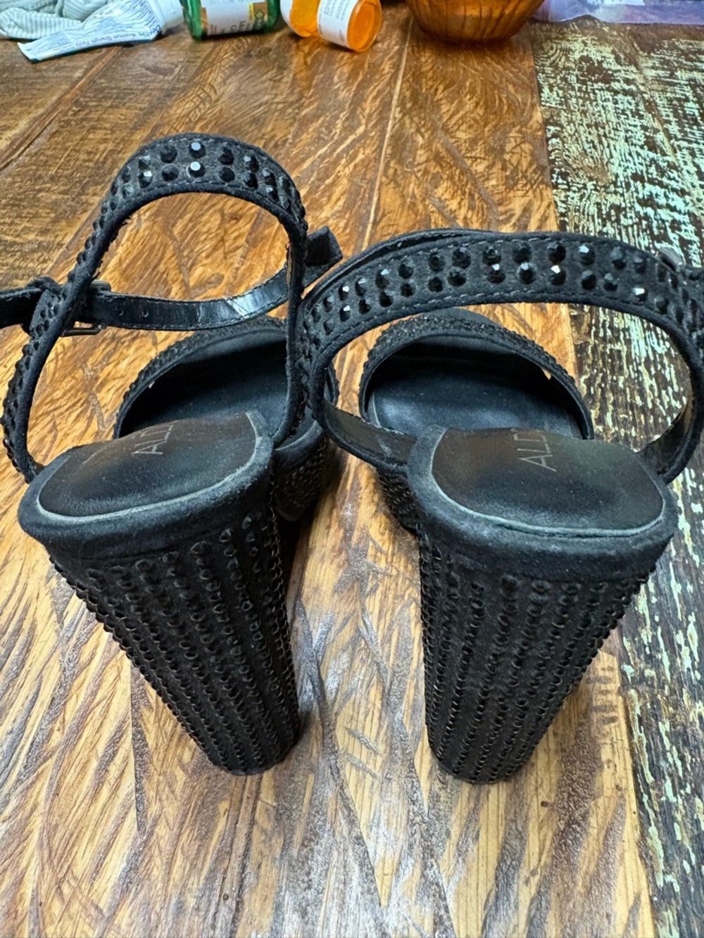 Y2K Aldo Black Mini Rhinestone Studded Platform Ankle-Strap Leather Heels Size 6 - Picture 8 of 11
